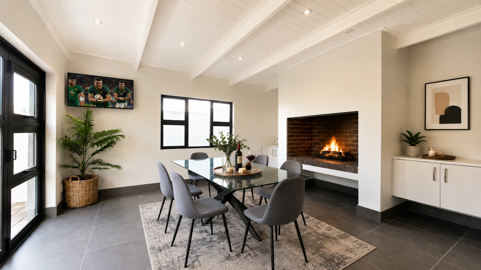 Dining area beside the fireplace
