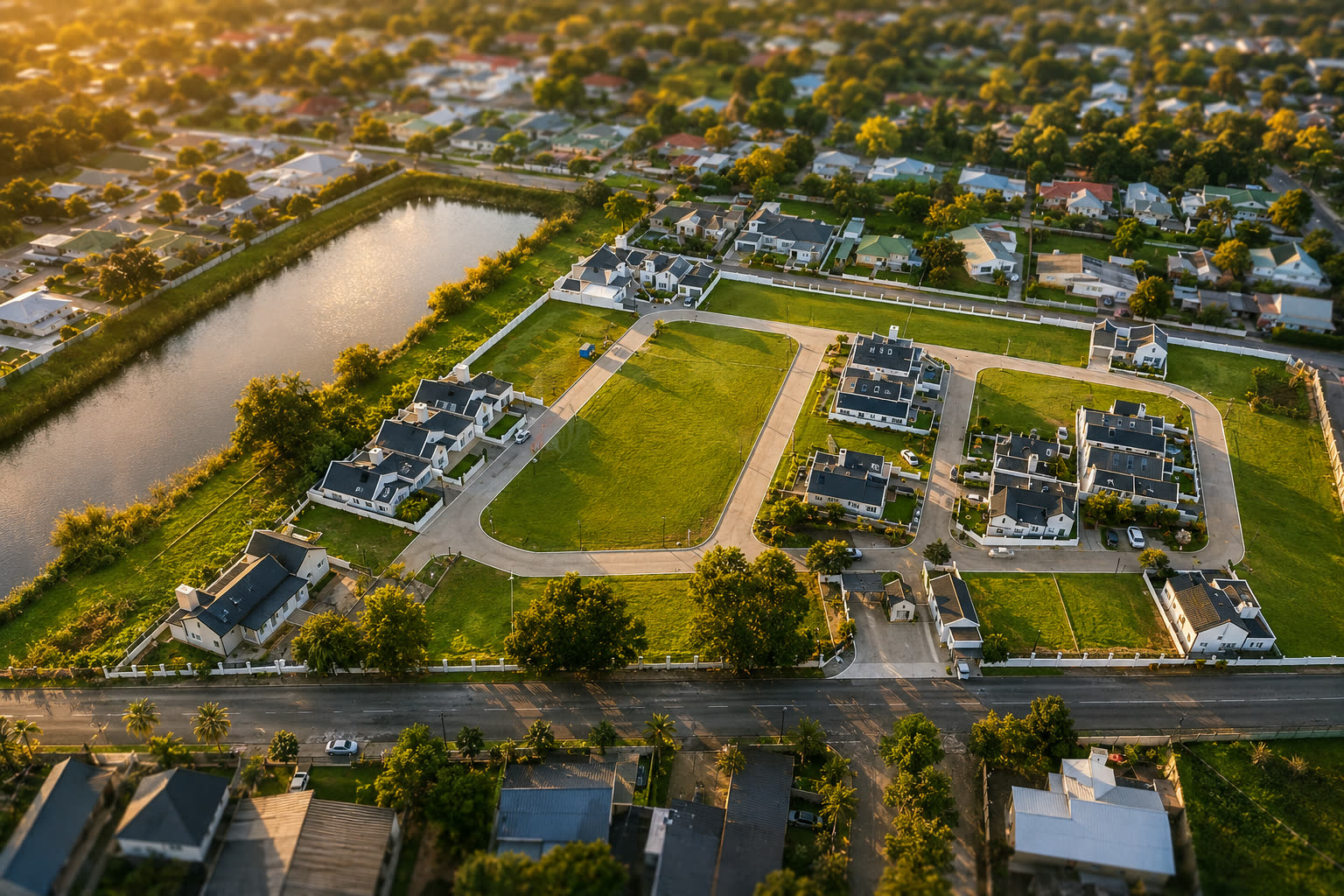 Aerial view of the village at golden hour beside the canal