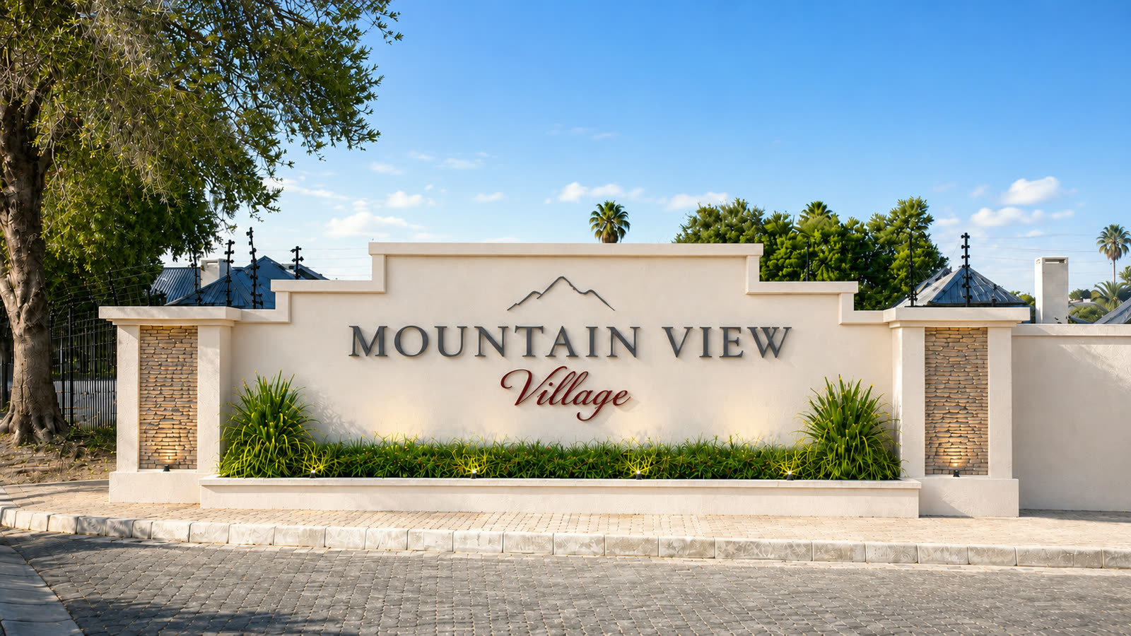 The village entrance monument in daylight