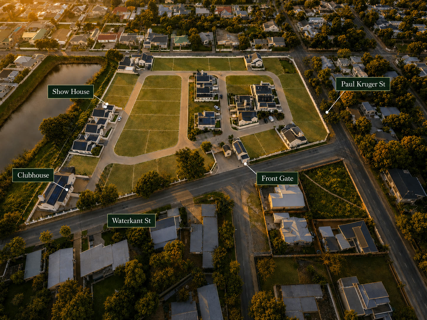 Aerial site plan showing the clubhouse, show house and front gate